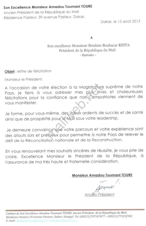 Lettre de félicitation de Amadou Toumani Toure (ATT) au président Ibrahim Boubacar Keita (IBK)